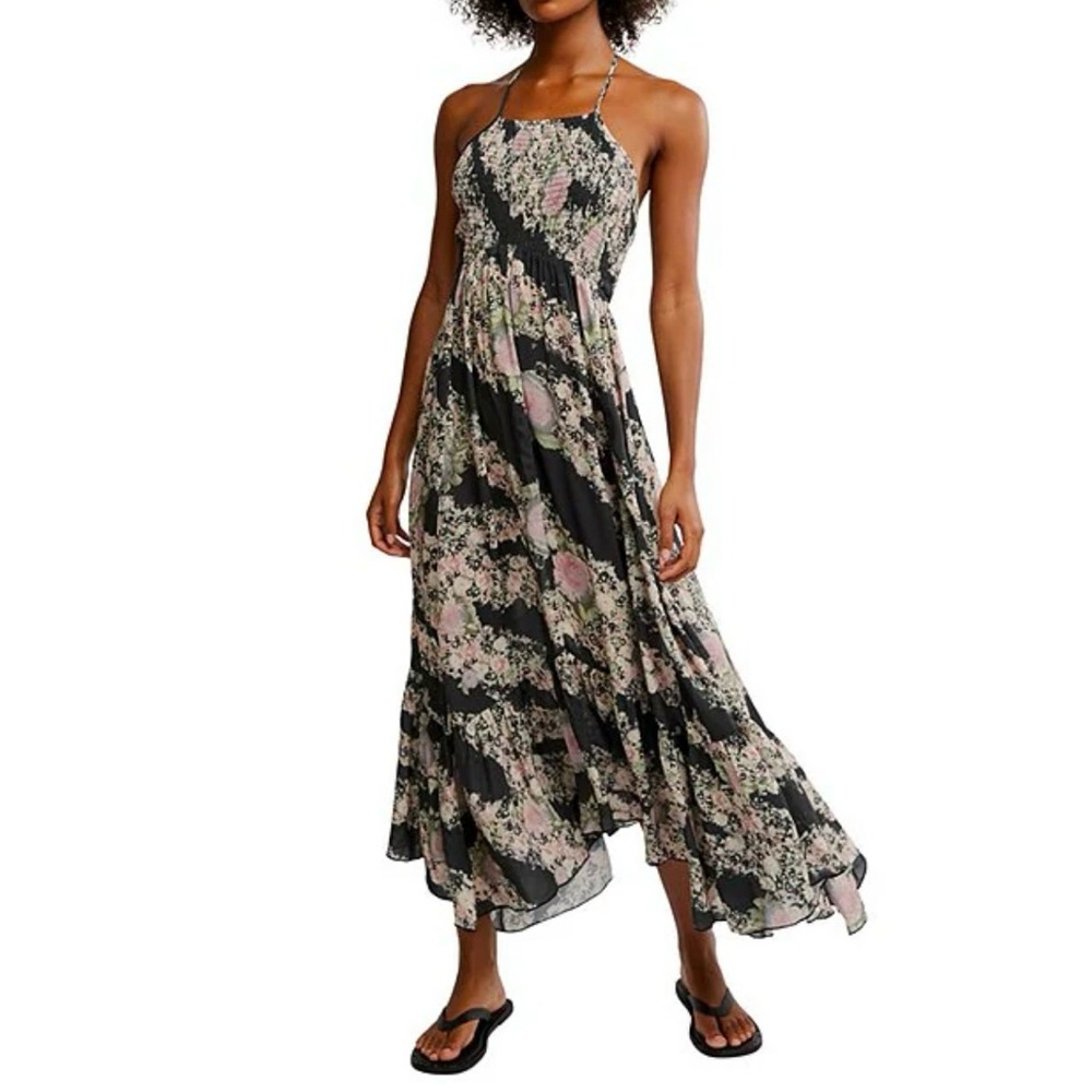 Free People Black and Cream Asymmetrical Tiered Sundress